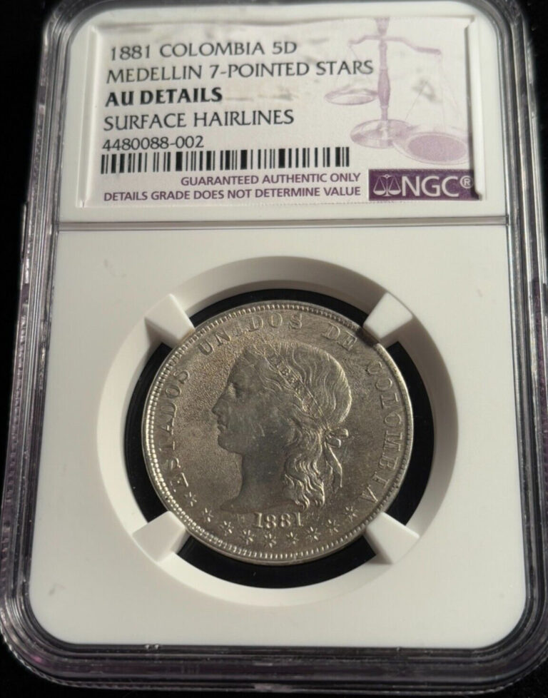 Read more about the article Colombia 1881 Silver 5 Decimos Medellin 7 Pointed Stars NGC AU details Cleaned