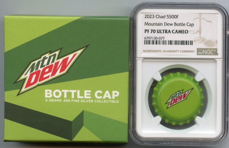 Read more about the article 2023 Mountain Dew Bottle Cap .999 Silver 6g Chad Coin NGC PF70 Mtn Dew – JP444