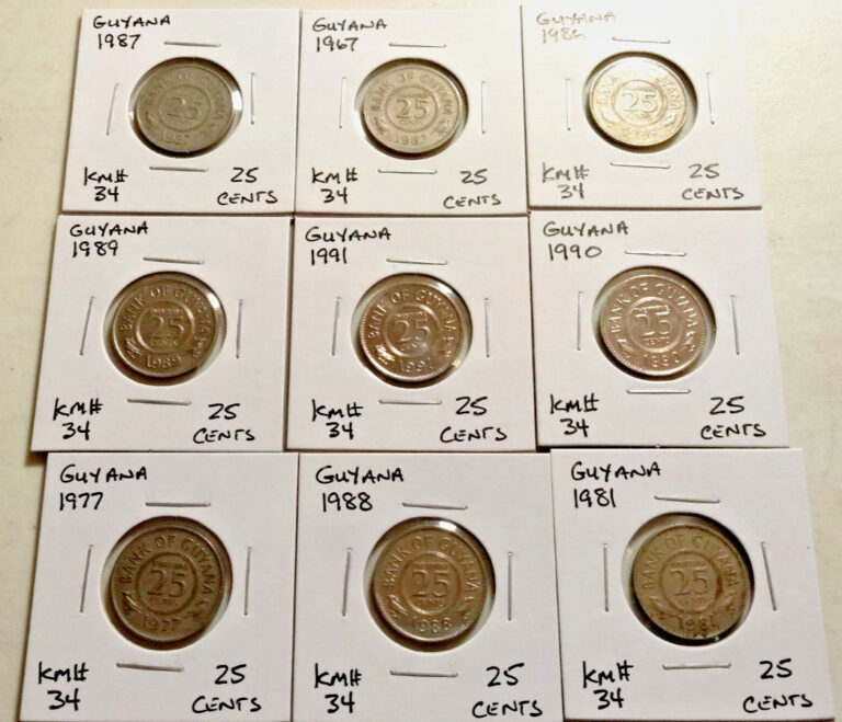 Read more about the article Guyana  Coin Lot – (9 Coins)  -All are 25 Cents Coins –  See Photos  (Lot#782)