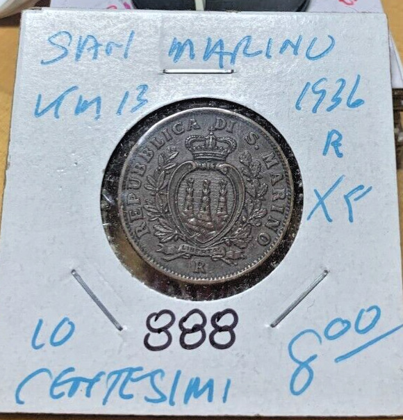 Read more about the article 1936 San Marino 10 Centesimi KM# 13  XF circulated condition. Coin #888