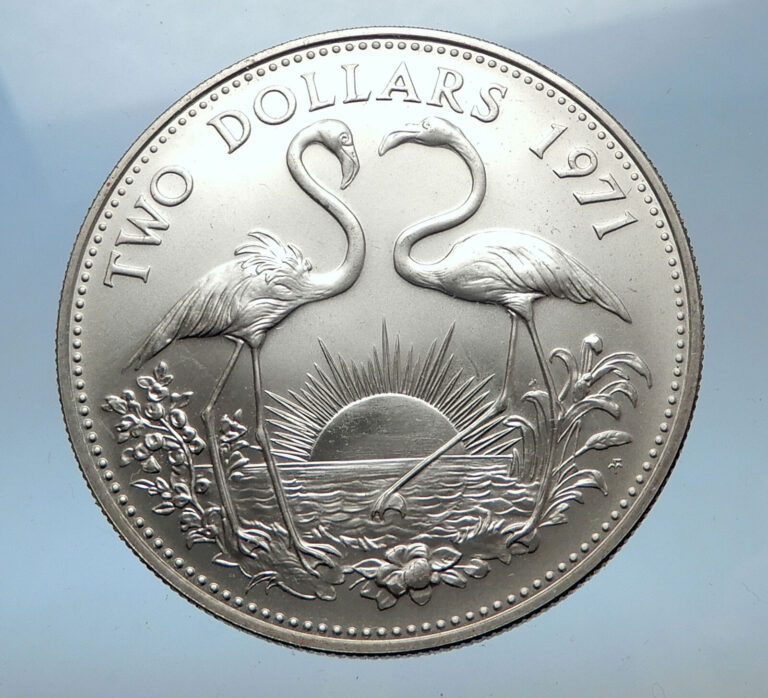 Read more about the article 1971 The BAHAMAS SILVER 2 Dollars Large Coin Elizabeth II FLAMINGO Birds i68970