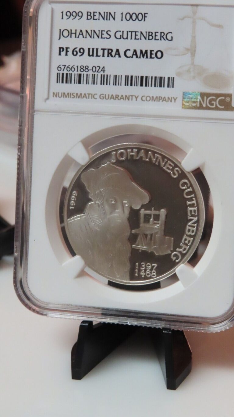 Read more about the article NGC PF69 UC-Benin 1999 Johannes Guttenberg Silver 1000 Francs Almost Perfect PF