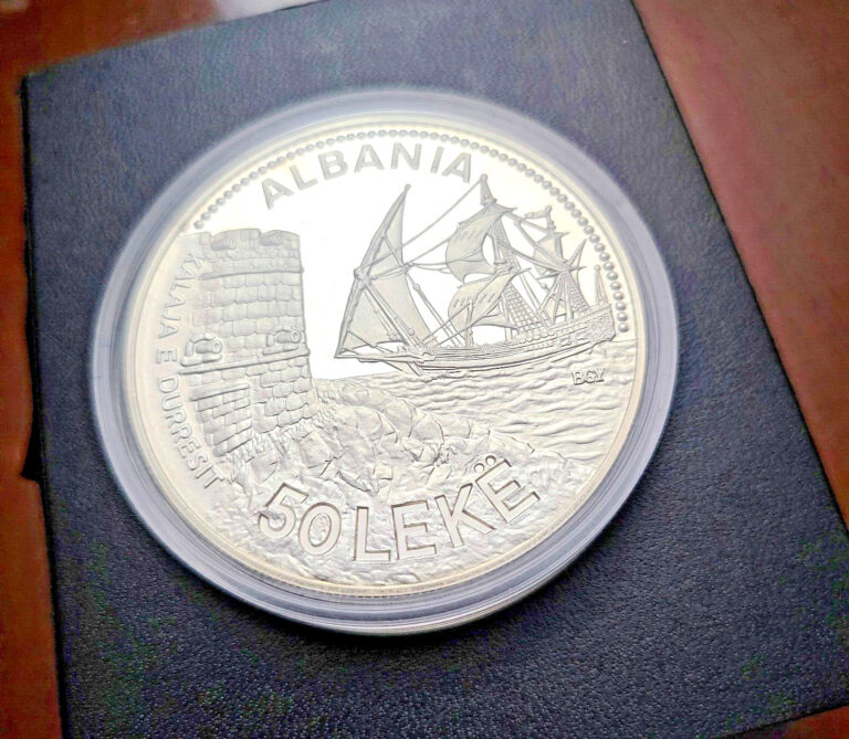 Read more about the article Albania Albanien Albanie 1987 Silver Coin UNC 50 Leke Durres Castle Sea Ship