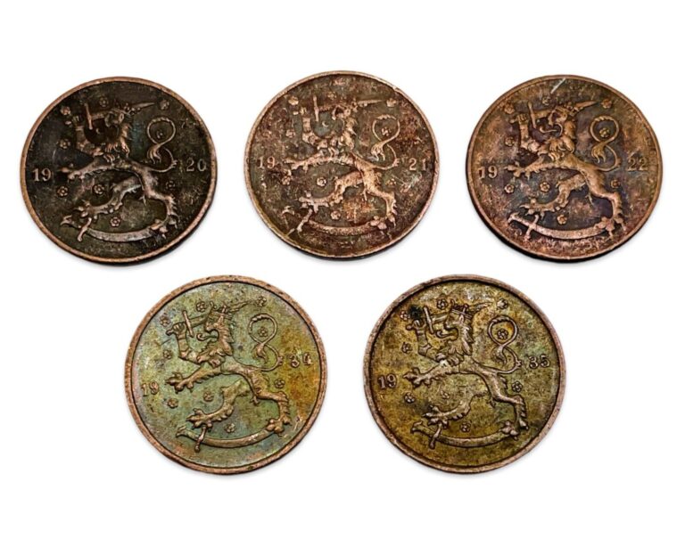 Read more about the article Lot of 5 Toned Finland 5 Pennia Coins – 1920s and 1930s – Combined Ship