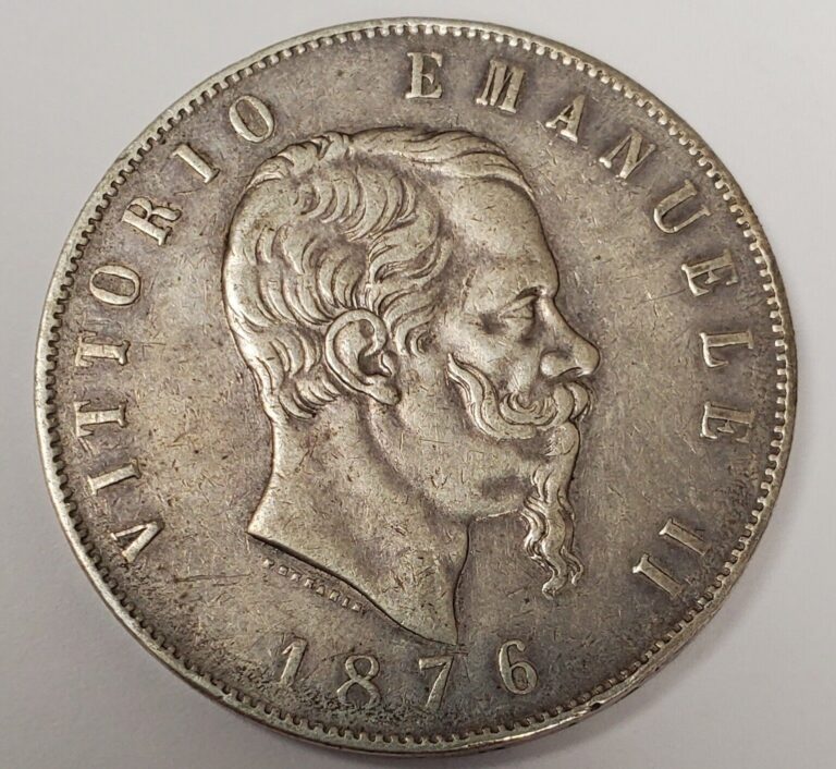 Read more about the article 1876 Italy 5 Lire World Silver Coin Beautiful 900 Fine Toned