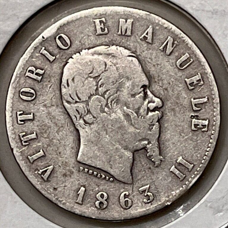 Read more about the article 1863 Italy 2 Lire SILVER Coin  Umberto I  VF Silver World Coin