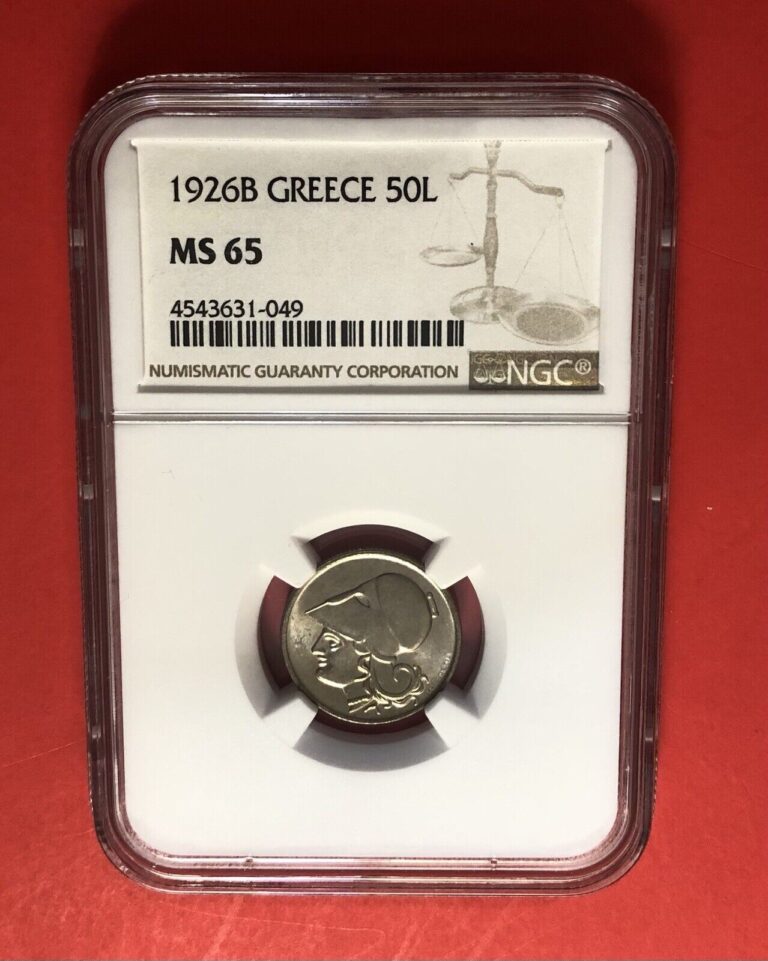 Read more about the article GREECE-1926-B -UNCIRCULATED 50 LEPTA COIN GRADED BY NGC MS65.