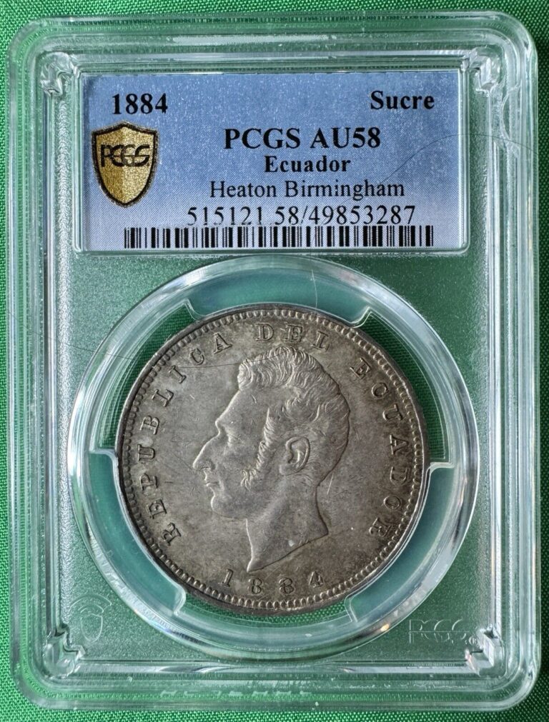 Read more about the article ECUADOR ANTIQUE SILVER COIN 1 SUCRE 1884 25 G PCGS AU 58 HEATON BIRMINGHAM