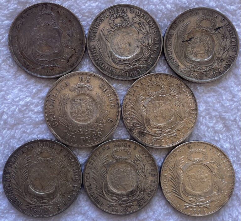 Read more about the article Peru sol  Chile peso with Guatemala 1894 overstamp. Resello/ Lot- 8Coins Silver