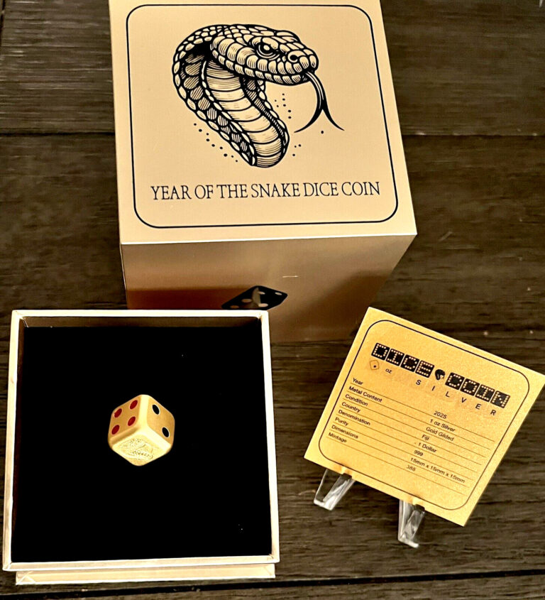 Read more about the article 2025 Fiji $1 Lunar Year of the Snake Gold Gilded 1 oz .999 Silver Dice Die Coin