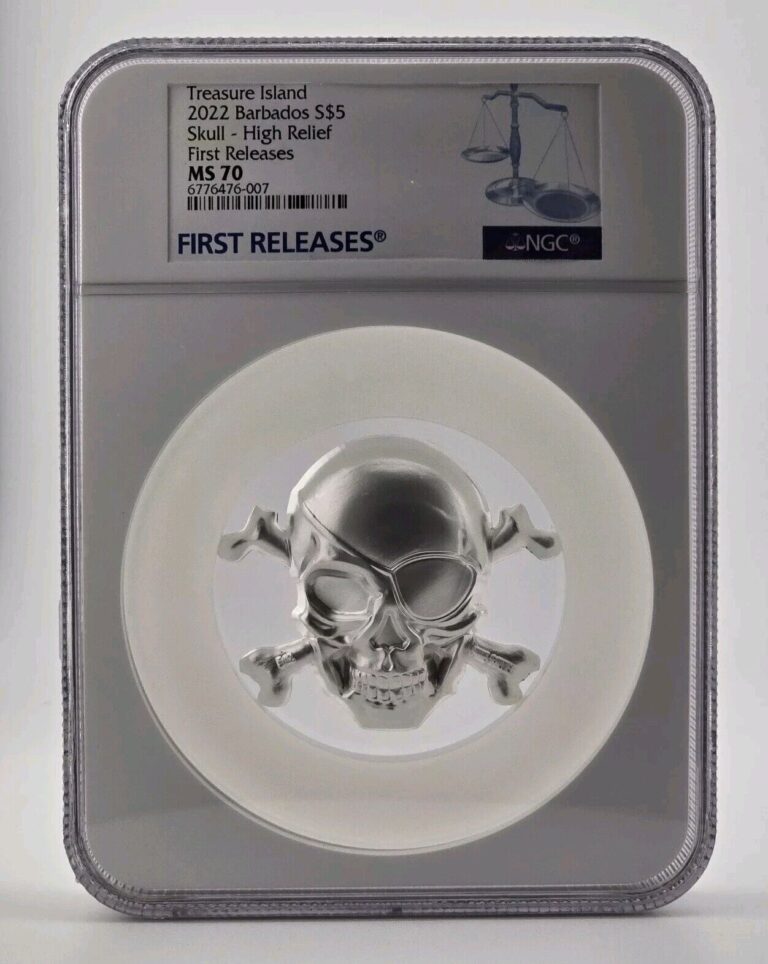 Read more about the article 2022 Barbados Treasure Island $5 High Relief Skull 5oz .999 Silver NGC MS70 FR