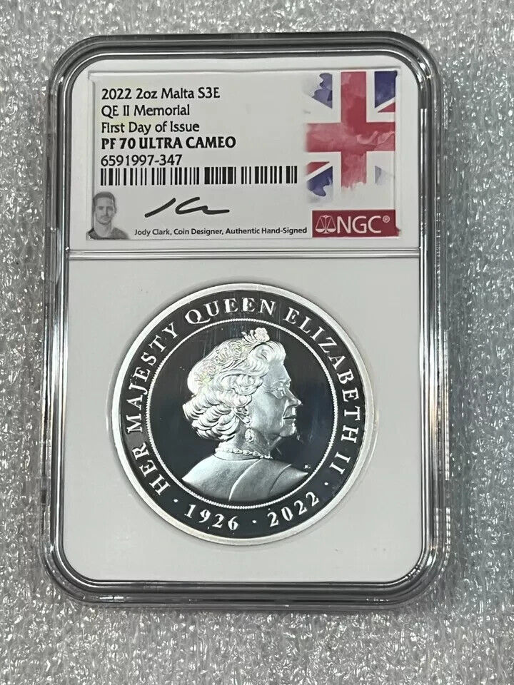 Read more about the article 2022 MALTA 2 OZ SILVER QE II MEMORIAL NGC PF70 UCAM JOFY CLARK SIGNED