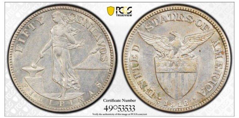 Read more about the article 1918 S US PHILIPPINES SILVER COIN 50 CENTS PCGS AU55