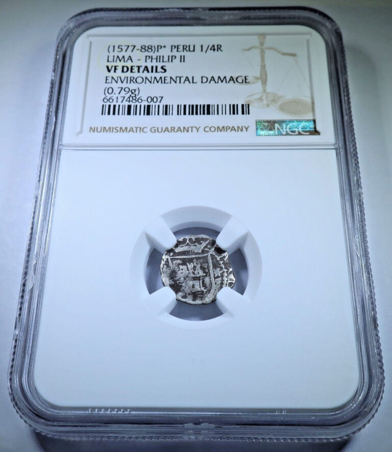 Read more about the article NGC 1577-88 Philip II Spanish Peru Silver 1/4 Reales Diego de la Torre Cob Coin