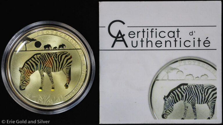 Read more about the article 2011 Togo Hologram Zebra 25 g Sterling Silver 1000 Francs Coin w/ COA