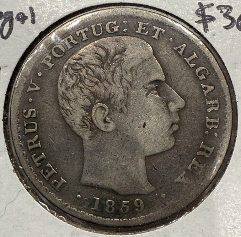 Read more about the article 1859 500 Réis Portugal 500 Reis Pedro V Silver Coin XF Condition