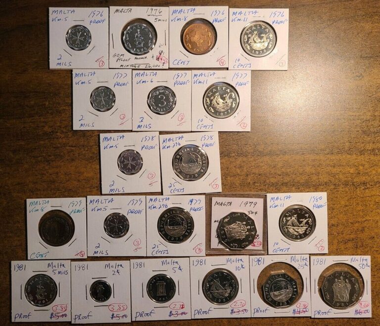 Read more about the article 1976-1981 LOT OF 20 PROOF COINS OF MALTA 2-3-5 MILLS 1-2-5-10-25-50 CENTS