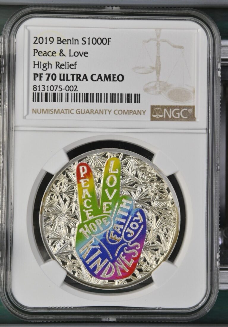 Read more about the article 2019  1000 Francs Benin Peace and Love 1 oz. .999 Silver Coin NGC PF70 COA+Box