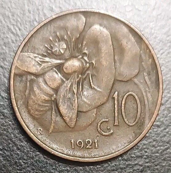 Read more about the article 1921 Italy 10 Centesimi Old Cleaned Copper Coin KM 60 Honeybee Bee Thematic