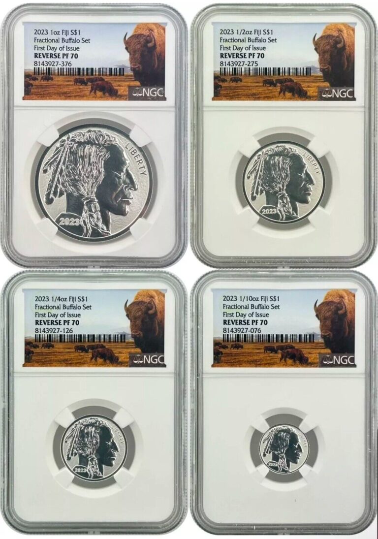 Read more about the article 2023 $1 FIJI FRACTIONAL REVERSE PROOF SILVER BUFFALO NGC PF70 FDI 4 COIN SET