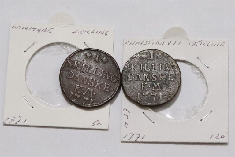 Read more about the article 🧭 🇩🇰 DENMARK 1 SKILLING 1771 – 2 COINS VARIETIES B77 #62