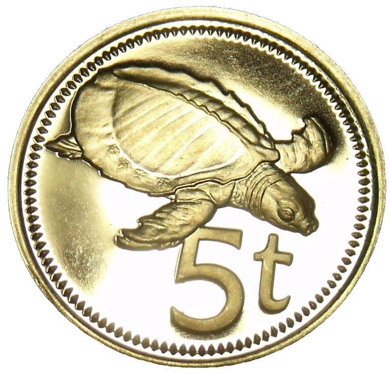 Read more about the article Papua New Guinea 5 Toea  1975 Cameo Proof~Rare 67k Minted~Plateless Turtle~Fr/Sh