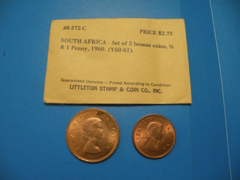 Read more about the article 1960 SOUTH AFRICA 2 coins 1/2 and  1 ONE PENNY COIN BRITISH QEII SAILING SHIP O17