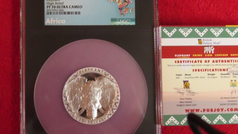 Read more about the article 2019 PROOF SIERRA LEONE ELEPHANT 2 OUNCE SILVER 20 DOLLAR NGC PF 70 ULTRA CAMEO