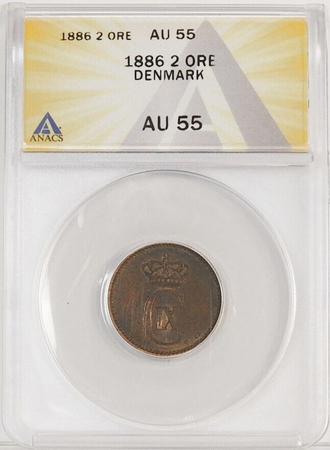 Read more about the article 1886-CS Denmark 2 Ore About Uncirculated ANACS AU55