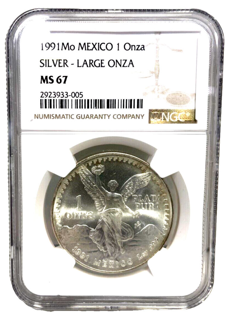 Read more about the article 1991 MEXICO SILVER LIBERTAD LARGE ONZA 7 DOTS ON CACTUS PAD NGC MS 67 GEM BEAUTY