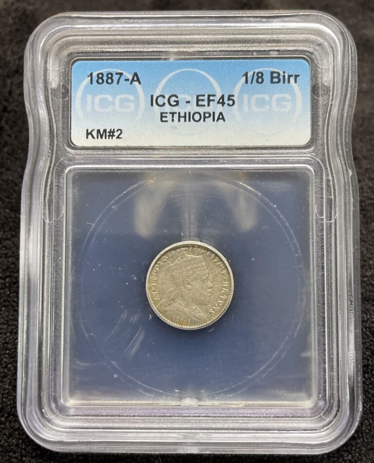 Read more about the article 1887 A Ethiopia 🇪🇹 1/8 Birr Coin KM #2 Low Mintage ICG EF45