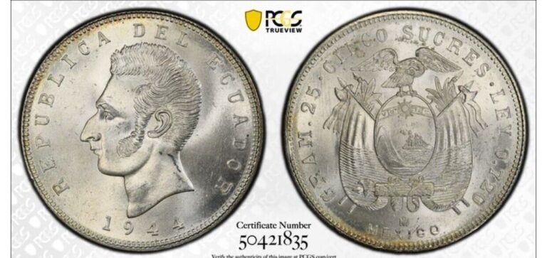 Read more about the article 1944 MO ECUADOR 5 SUCRES SILVER COIN PCGS MS66