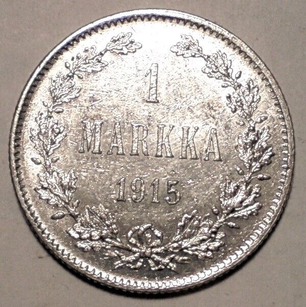 Read more about the article FINLAND 1 Markka SIlver dated 1915 KM-3.2 Abt. Unc  $1-s+h-USA