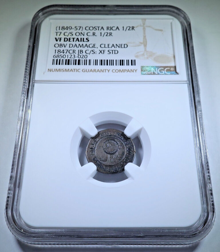 Read more about the article 1849 Costa Rica Silver 1/2 Real Counter Stamp NGC VF Details Countermark Coin