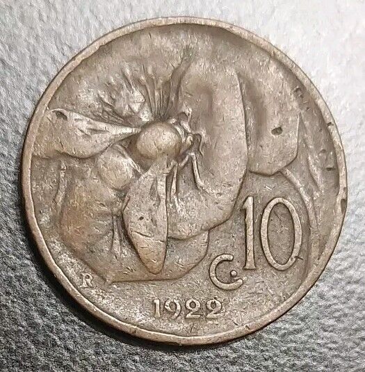 Read more about the article 1922 Italy 10 Centesimi Old Details Copper Coin KM 60 Honeybee Bee Thematic