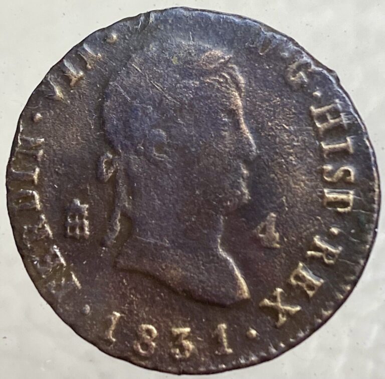 Read more about the article 1831 Spanish 4 Maravedis Rare Coin King Ferdinand VII Castles Lions Don Pelayo