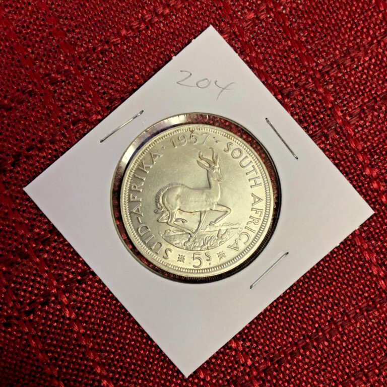 Read more about the article 1957 South Africa Silver Coin 5 Shillings – Elizabeth II  Springbok  204