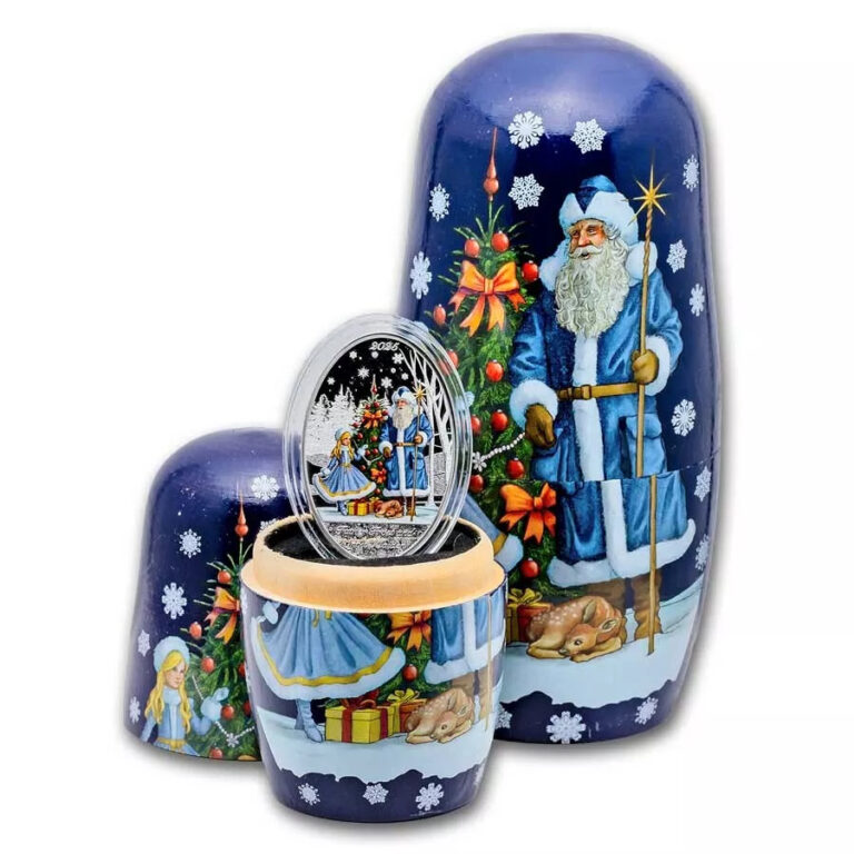 Read more about the article 2025 Solomon Islands Father Frost and Snow Maiden 1 oz Silver Coin in Nesting Doll