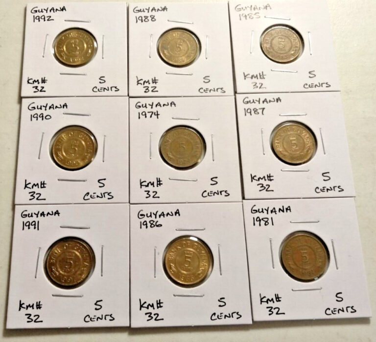 Read more about the article 9  Guyana 5 Cents  Coins-Mixed dates and grades (Lot#787)