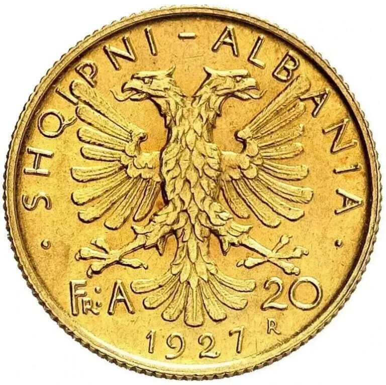 Read more about the article Albania 20 Franga Ari 1927 Gold Coin  AU 58 NGC-14k Yellow Gold Finish