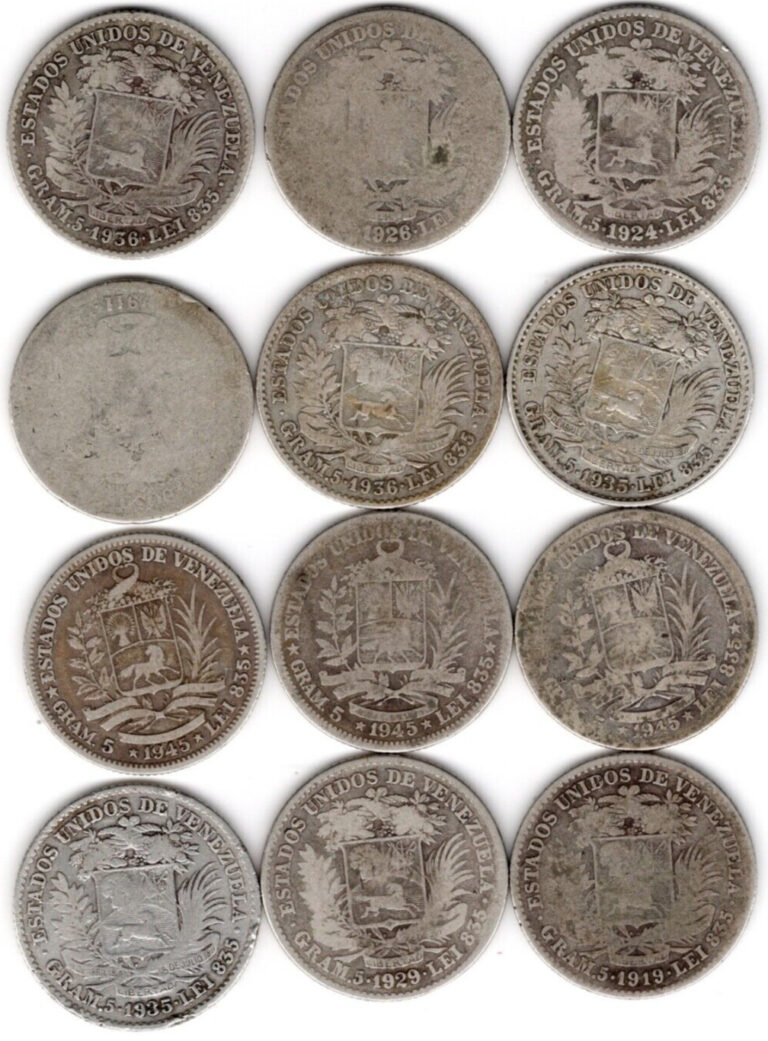 Read more about the article (Lot of 12)  Venezuela 1 Bolivar Silver Coins – Dates 1911-1954