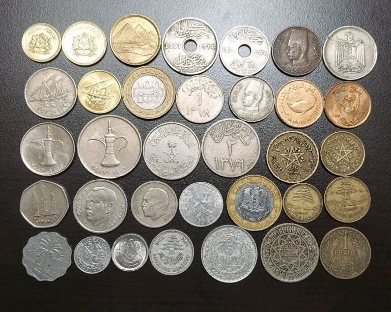 Read more about the article Group Lot Of 34 Arab Countries Coins Mix Egypt Morocco UAE Bahrain Lebanon VF