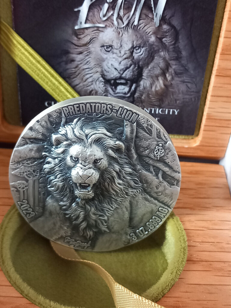 Read more about the article Ivory Coast  2023  5000 Franks  Predators: Lion   3 Oz  99.9% Silver Proof coin