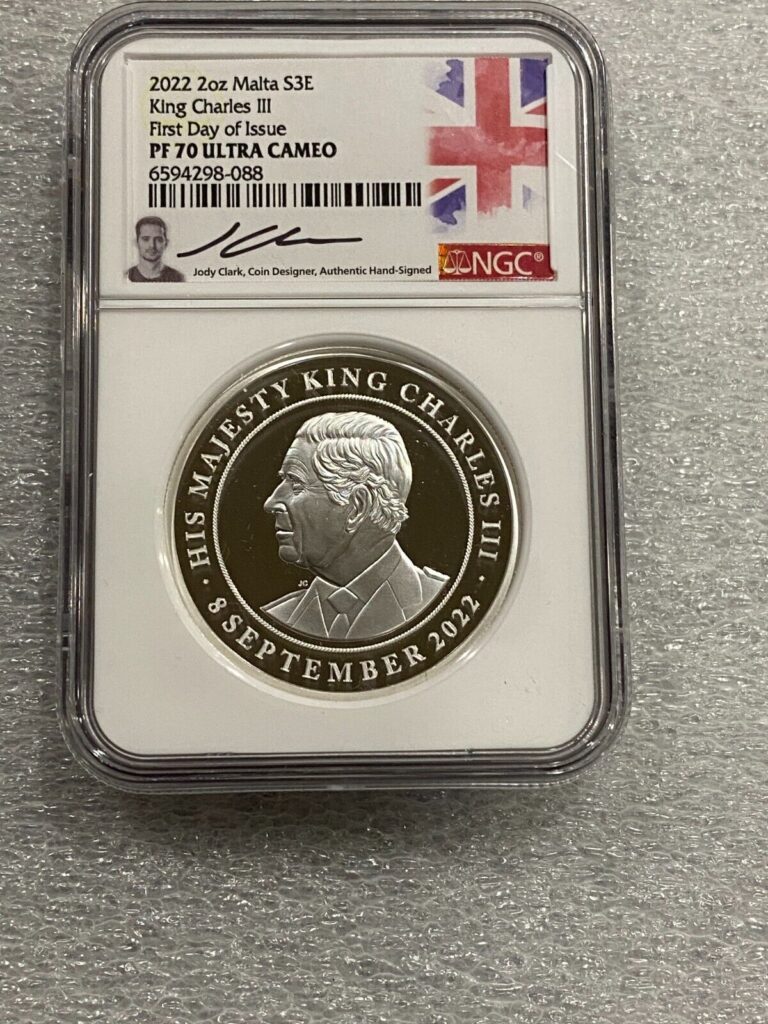 Read more about the article 2022 2oz Malta S3E King Charles III NGC PF70 First Day Of Issue Jody Clark Sign