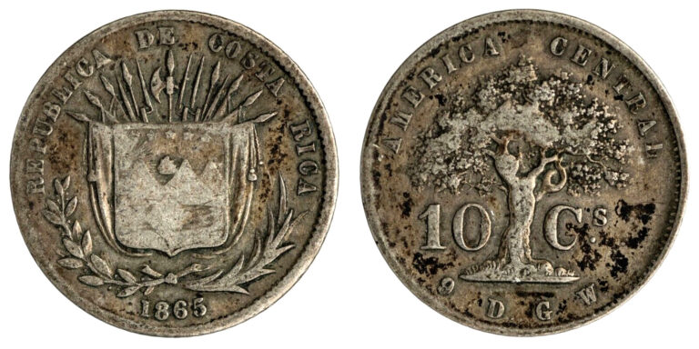 Read more about the article Costa Rica. 1865 GW 10 Centavos  2.37 gr.  19.35 mm KM-111