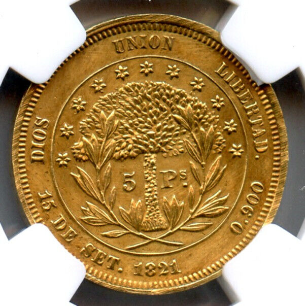 Read more about the article Central America (Honduras) 1871  PATTERN GOLD 5 PESOS !  NGC graded AU-50  Fr-2