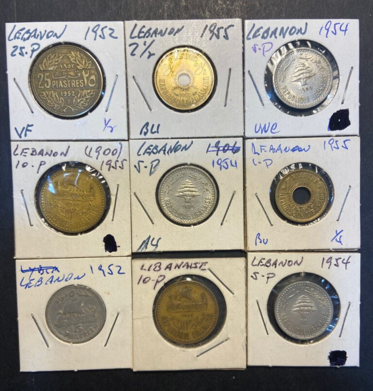 Read more about the article WORLD Coins- Lebanon 1950’s lot of 9 Coins UNC  BU  VF – def. Dates High Grades