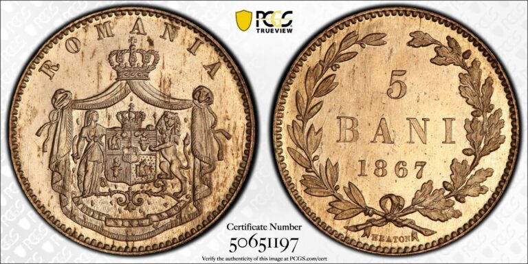 Read more about the article Romania: full RED GEM BU 5 bani 1867 H PCGS MS65RD