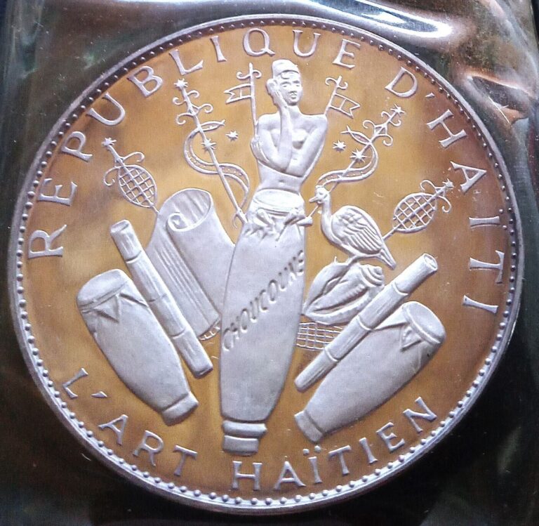 Read more about the article HUGE 60mm PROOF 1968 HAITI 25 GOURDES  NEARLY 4 Oz. .999 SILVER –  HAITIAN ART