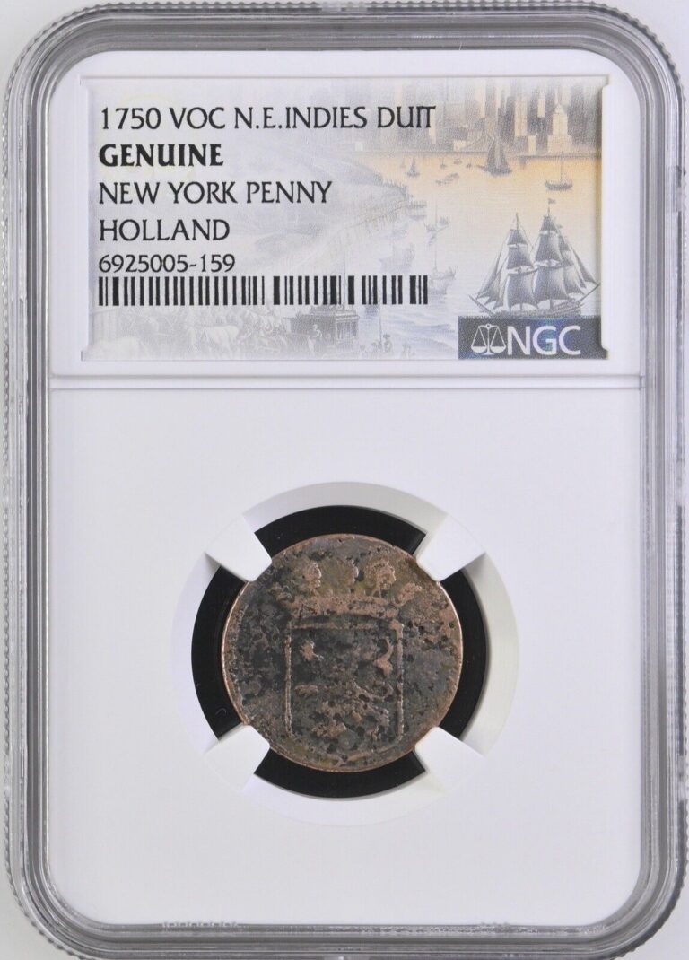 Read more about the article 1750 VOC N.E. Indies Duit NGC Genuine New York Penny Holland